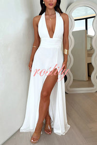 Sexy V-neck Backless Waist Tie High Slit Maxi Dress