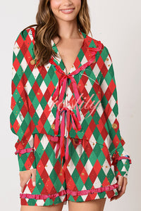 Christmas Holiday Print Bow Tie Long Sleeve and Elastic Waist Loose Shorts Set