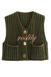 Solid Color Sleeveless Pocket Knitted Vest