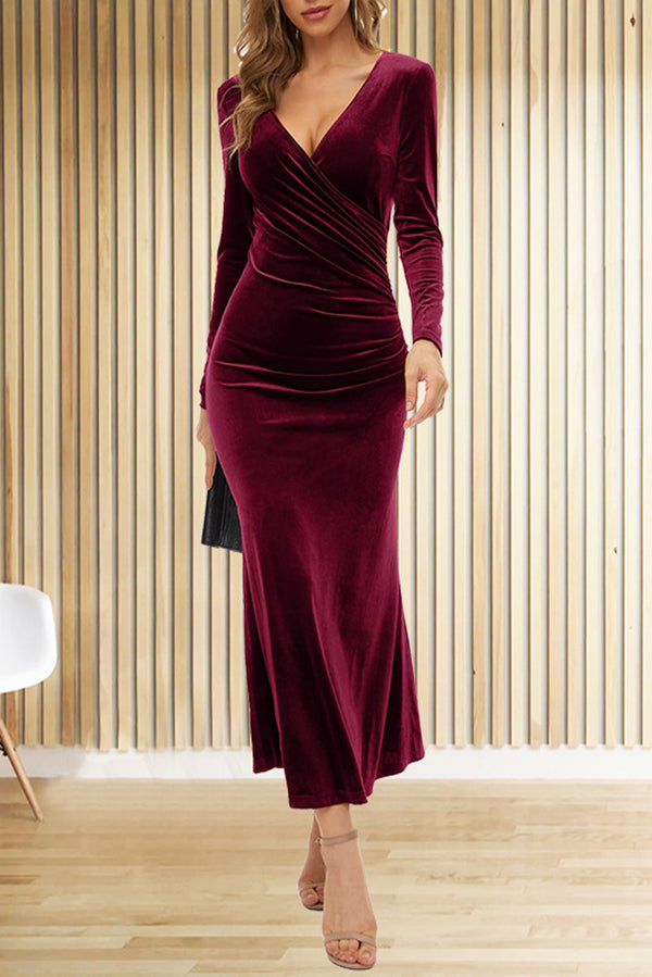 Solid Color Velvet Long Sleeve V-neck Slim Fit Fishtail Maxi Dress