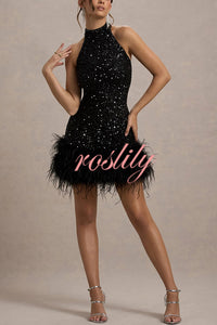 Dazzling and Playful Sequin High Neck Feather Trim Stretch Mini Dress