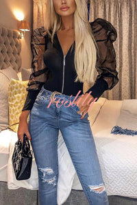 Solid Color Zip Front Sheer Puff Sleeves Bodysuit