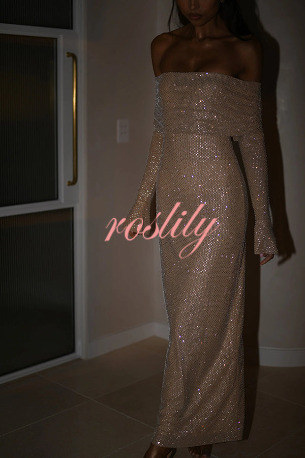 Sexy Shiny Off-The-Shoulder Long-Sleeved Fitted Maxi Dress