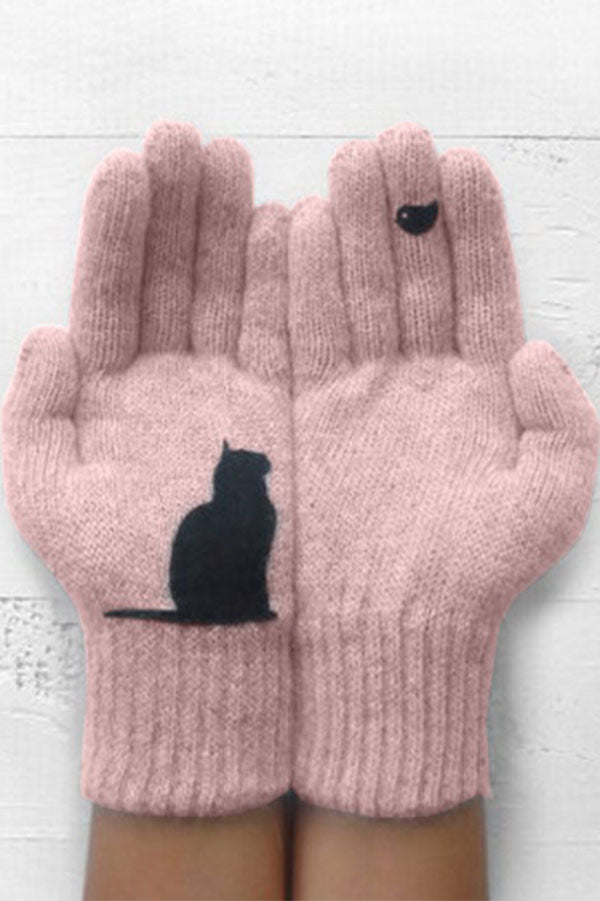 Printed Knitted Gloves Short Thickened Warm Finger Gloves-Cat