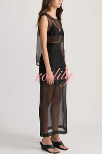 Embraces Modern Sheer Organza Pocket Oversized Tank and High Rise Slit Midi Skirt Set