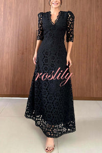 Best Day Ever Crochet Floral Lace Puff Sleeve Lined Maxi Dress