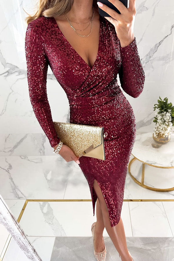 Main Character Sequin Long Sleeve Side Slit Midi Dress