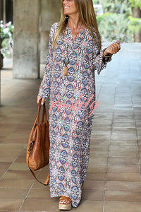 Unique Printed Long Sleeve V-neck Loose Maxi Dress