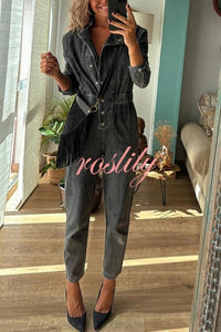 Carey Denim Button Up Long Sleeve Elastic Waist Pocketed Loose Jumpsuit