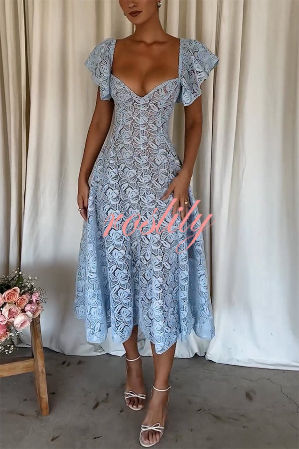 Romantic Atmosphere Bluebell Lace Butterfly Sleeve Sweetheart Neck Stretch Midi Dress