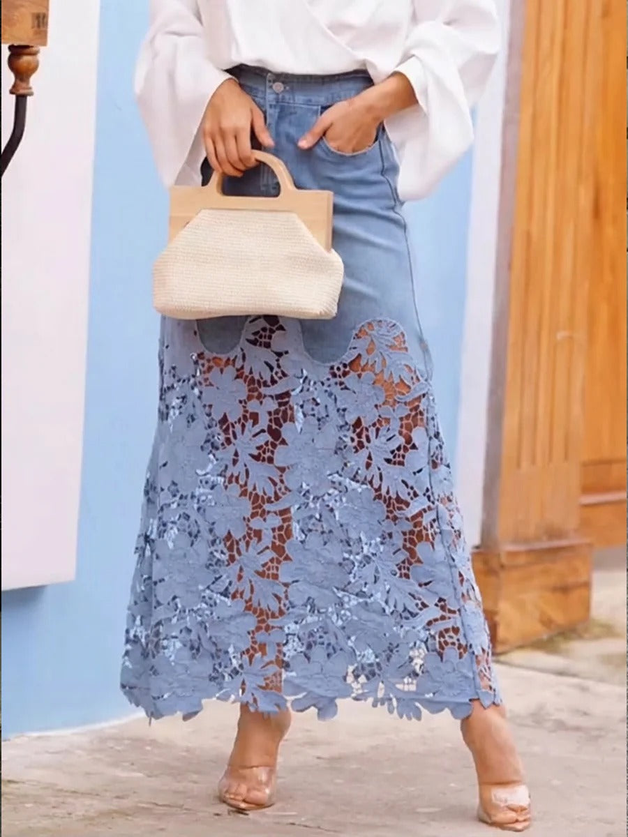 Lace Patchwork Denim Maxi Skirt