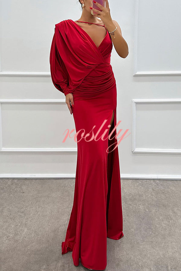 Like Venus One Shoulder Bat Sleeve Ruched Detail Slit Gown Maxi Dress