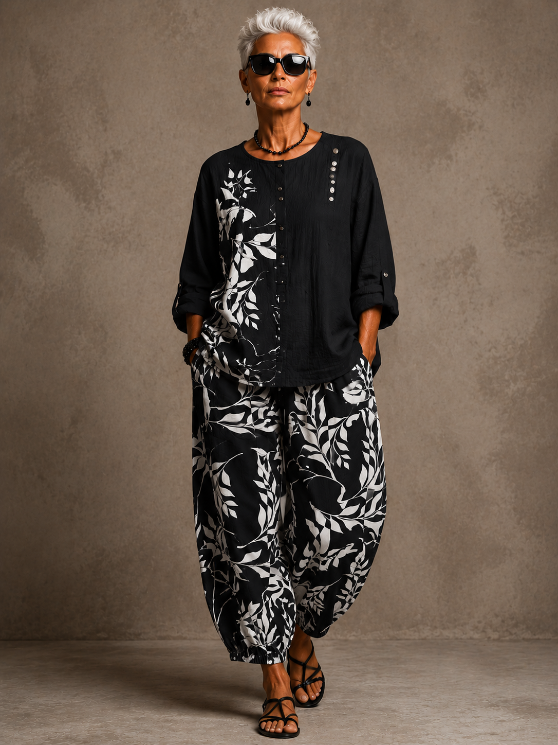 Leaf-Print Cotton Linen Two-Piece Set