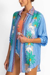 Sunday Breeze Satin Unique Print Button Down Oversized Blouse