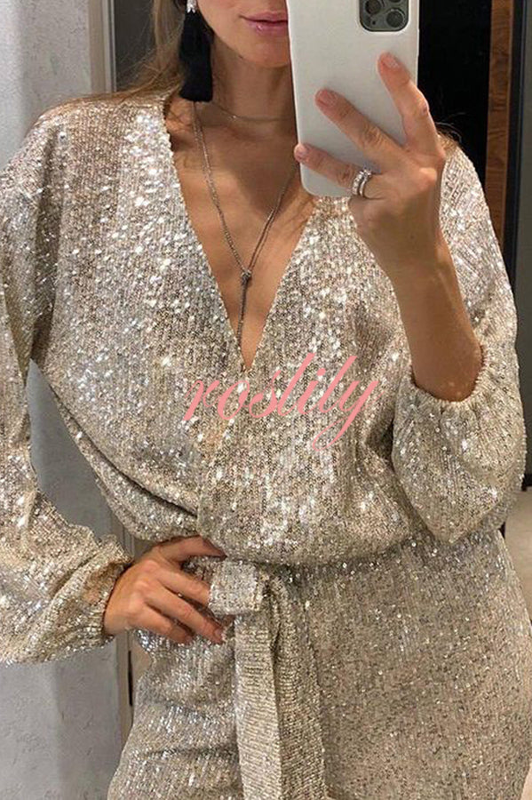 Cheers To You Sequin Long Sleeve Belted Wrap Loose Jumpsuit