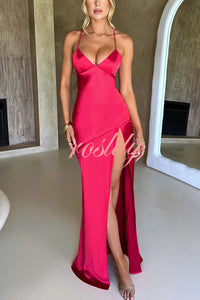 Satin Solid Color Sexy Backless Lace Up High Slit Maxi Dress