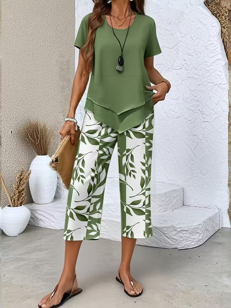 Casual Leaf Print Two-Piece Set