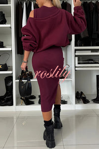 Lifestyle Wide Neck Relaxed Sweatshirt and Ribbed Tank Stretch Midi Dress Set