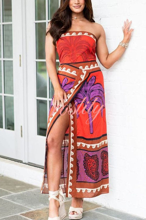 Botanical Floral Print Sexy Stretchy Tube Top High Waist Slit Maxi Dress