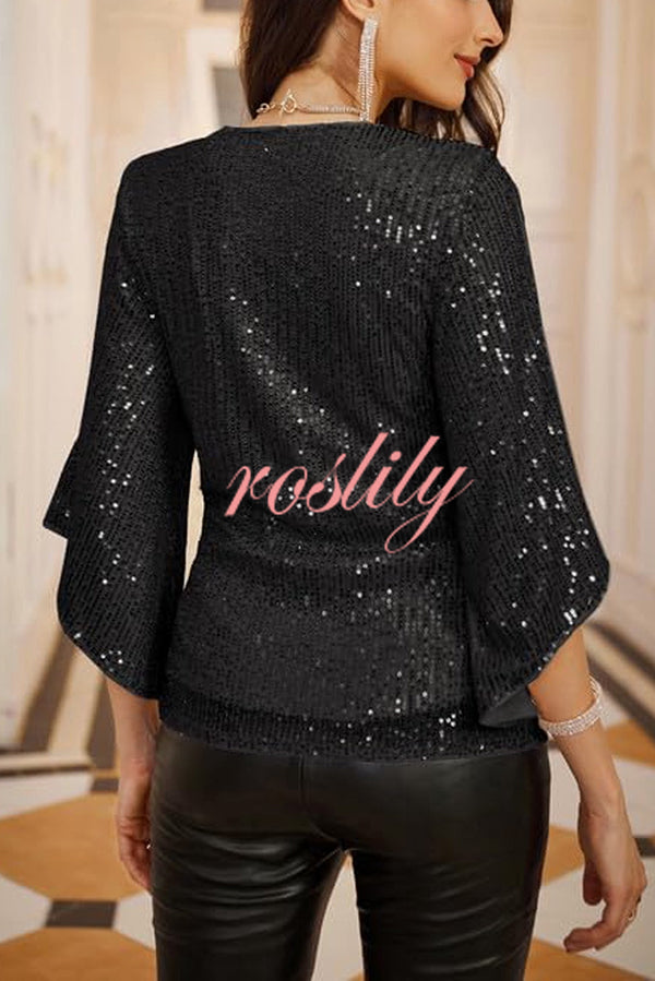 Solid Color Sequined V-neck Hollow Sleeve Slim Fit Top