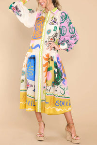 Boldness and Art Linen Blend Unique Print Balloon Sleeve Patchwork Shirt Midi Dress