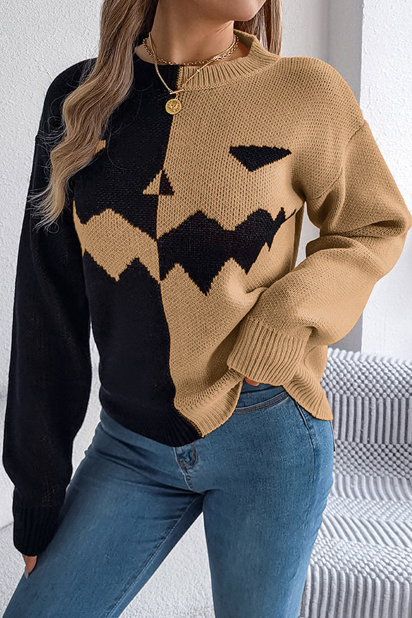 Halloween Pumpkin Contrast Color Long Sleeve Loose Sweater