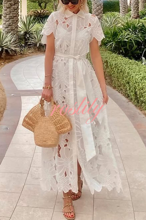 Dubai Style Floral Crochet Lace Short Sleeve Tie-up Shirt Maxi Dress