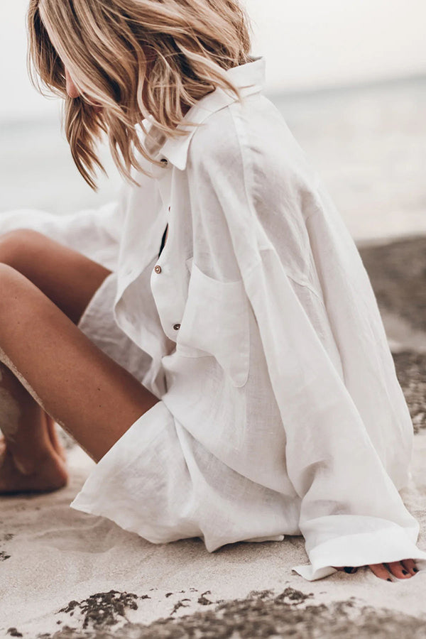 Go To The Beach Linen Blend Pocketed Long Sleeve Oversized Shirt