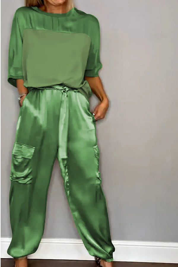 Calissa Smooth Satin Half-sleeved Top and Elastic Waist Pocket Pants Set