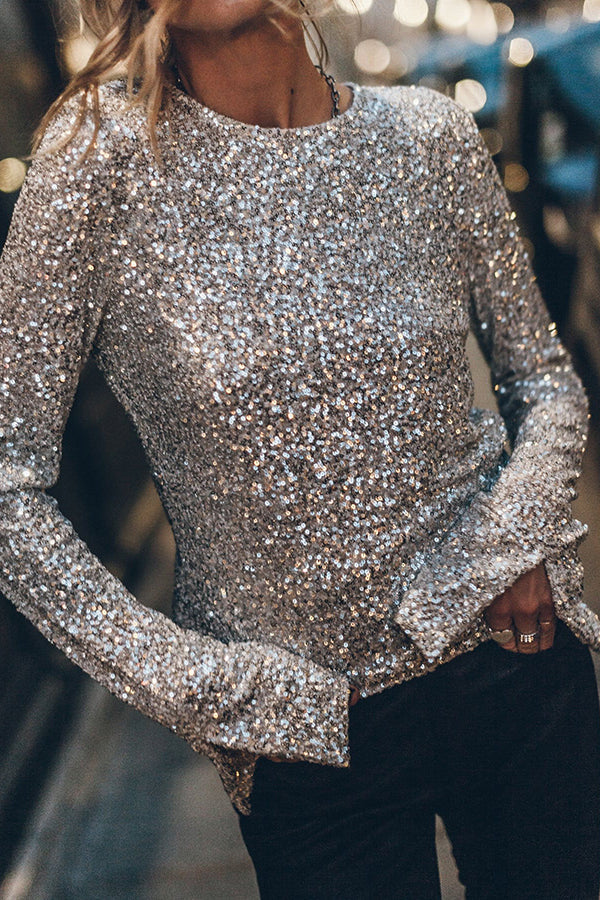 Exclusive Party Sequin Extra Long Slit Sleeves Open Back Top