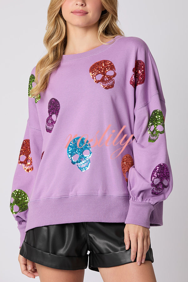 Halloween Skull Sequin Loose Casual Sweatshirt