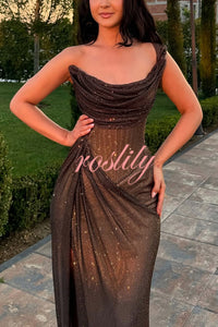 Glitzy Gala Glitter Fabric One Shoulder Ruched Slit Maxi Dress