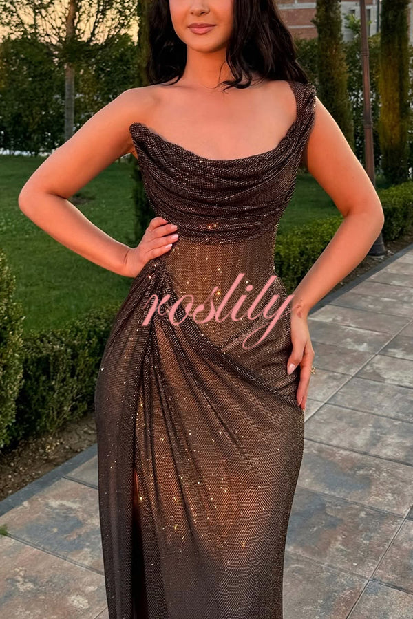 Glitzy Gala Glitter Fabric One Shoulder Ruched Slit Maxi Dress