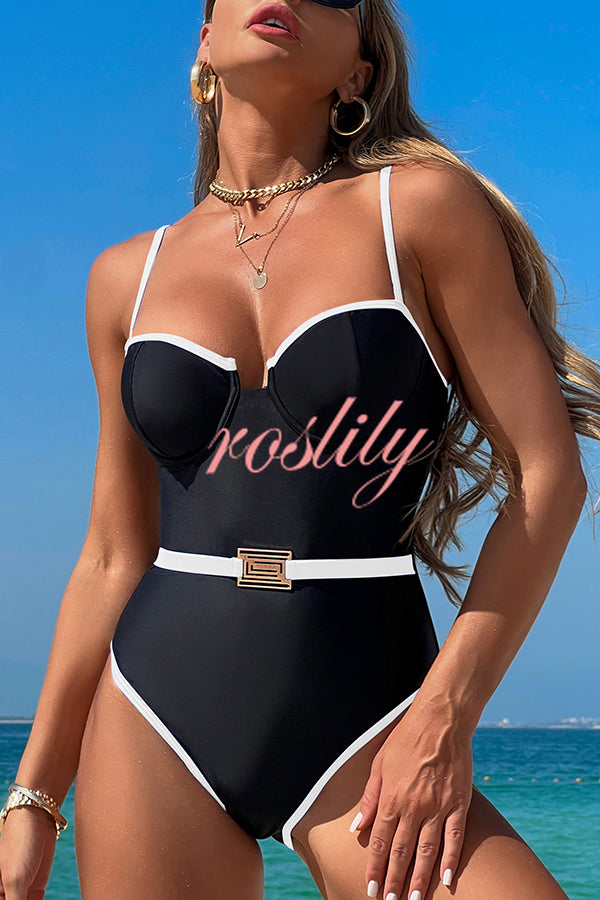 Fashionable Contrast-color Overlock Stretch One-piece Swimsuit