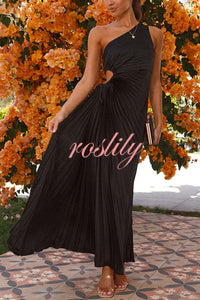 Charming One Shoulder Lace Up Cutout Pleated Maxi Dress