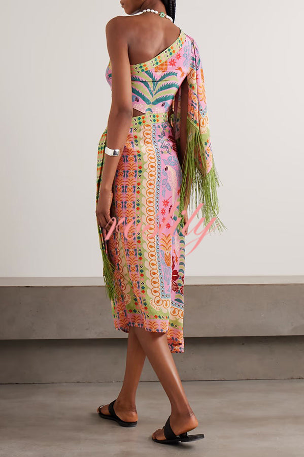 Fruits Queen Unique Print One Shoulder Fringe Detail Scarf Midi Dress