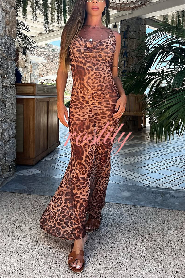 Leopard Print Sexy Strap Holiday Cover Up Maxi Dress