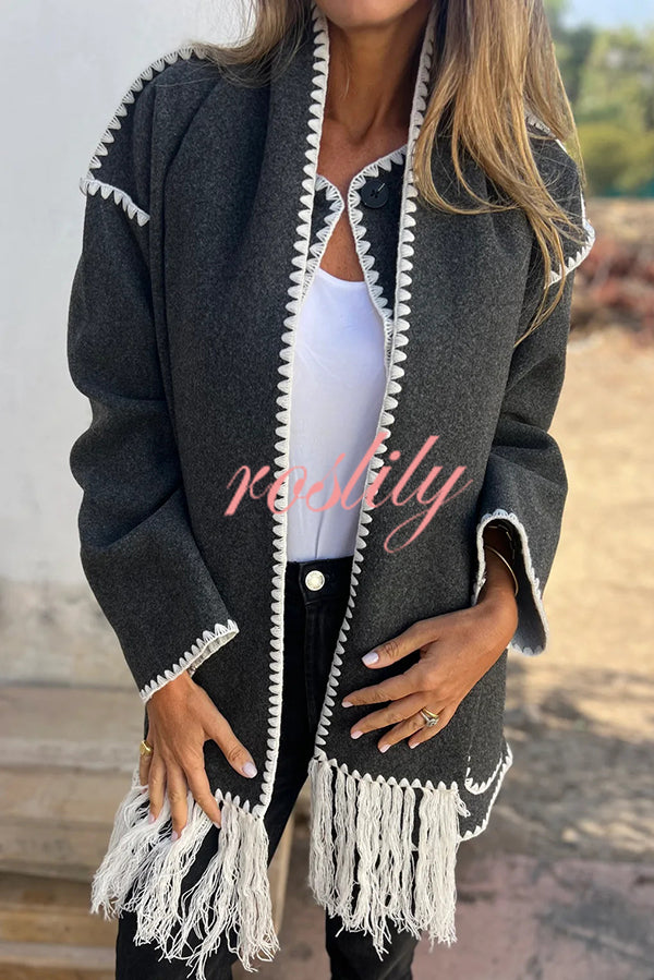 Stylish Loose Pocket Long Sleeve Coat and Warm Fringed Scarf