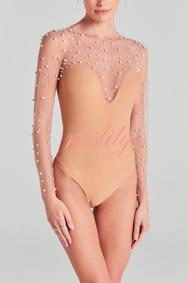 Romantic Mesh Pearl Embellished Long Sleeve Stretch Bodysuit