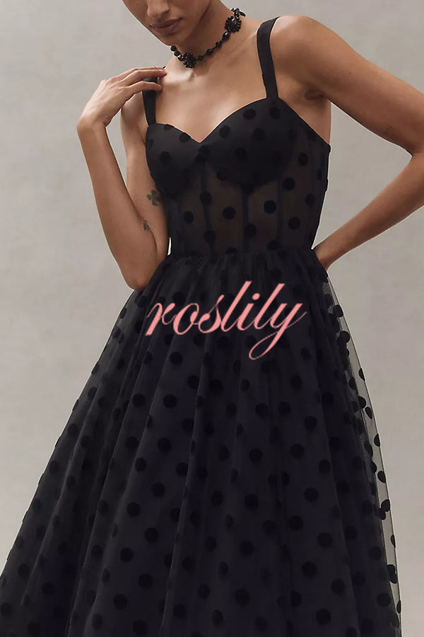 Perfect Guest Tulle Polka Dot Sweetheart Bustier A-Line Midi Dress
