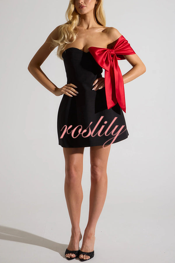 The Best Gift Satin Contrast Color Bow Detail Off Shoulder Mini Dress