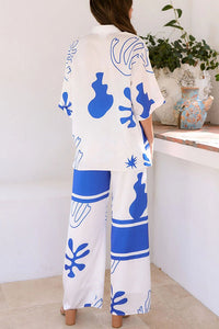 The Beach Girls Unique Color Block Print Button Up Shirt and Elastic Waist Pants Set