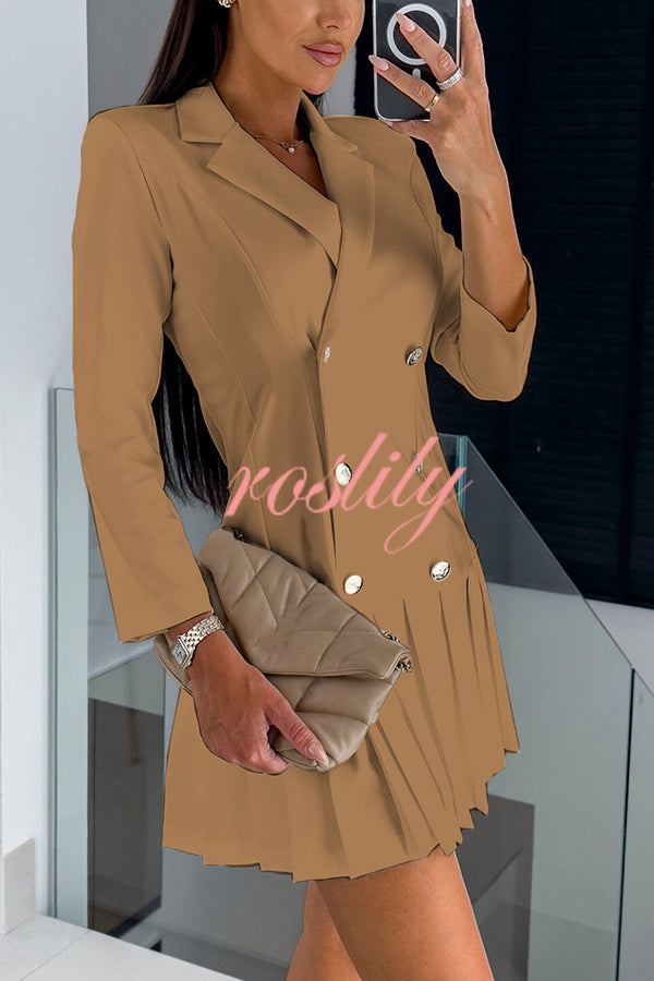 Kayleen Metal Button Down Solid Color Long Sleeve Pleated Blazer Mini Dress