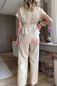 Emory Linen Blend Tie-up Short Sleeve Top and Elastic Waist Pocket Button Hem Pants Set