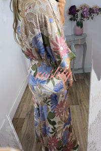 Satin Floral Print V-neck Half-sleeve Loose Top and Elegant Maxi Skirt Set