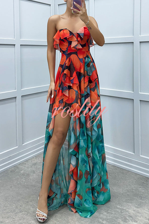 Loving Moment Gradient Unique Print Flowing Layered Ruffles Strapless Slit Maxi Dress