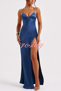 Satin Solid Color Sexy Backless Lace Up High Slit Maxi Dress