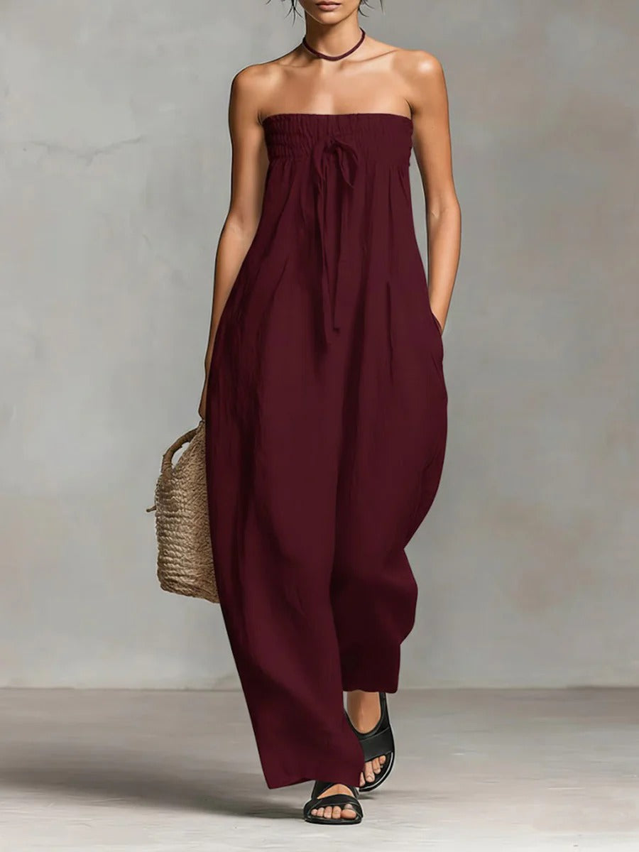 Strapless Smocked Linen Wide-Leg Jumpsuit