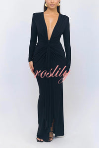 Solid Color Shiny Sexy V-neck Long Sleeve Ribbon Slit Slim Fit Maxi Dress