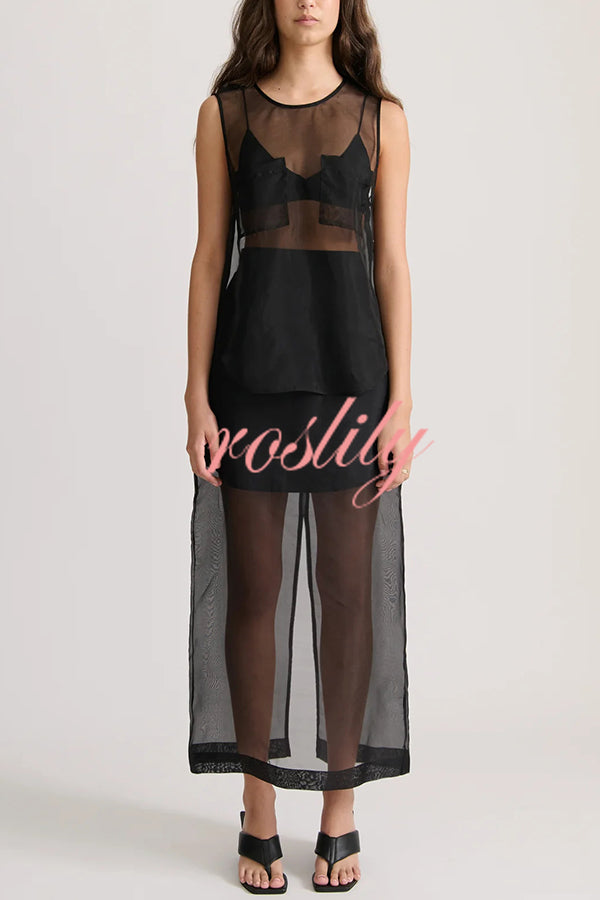 Embraces Modern Sheer Organza Pocket Oversized Tank and High Rise Slit Midi Skirt Set